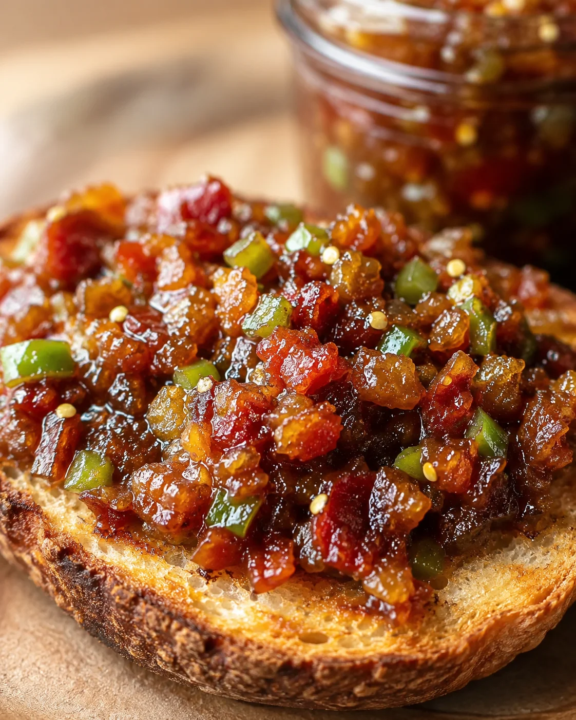 Close-up of bacon jam spread on a toasted slice of bread