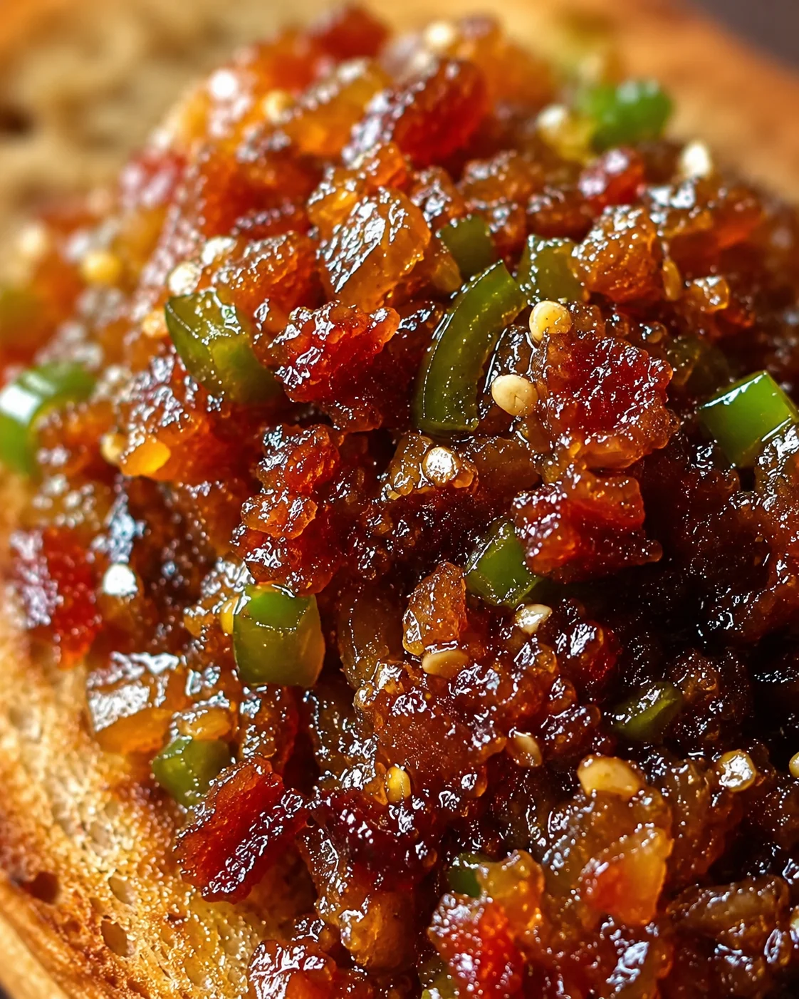 Close-up of delicious homemade jalapeño bacon jam spread on bread