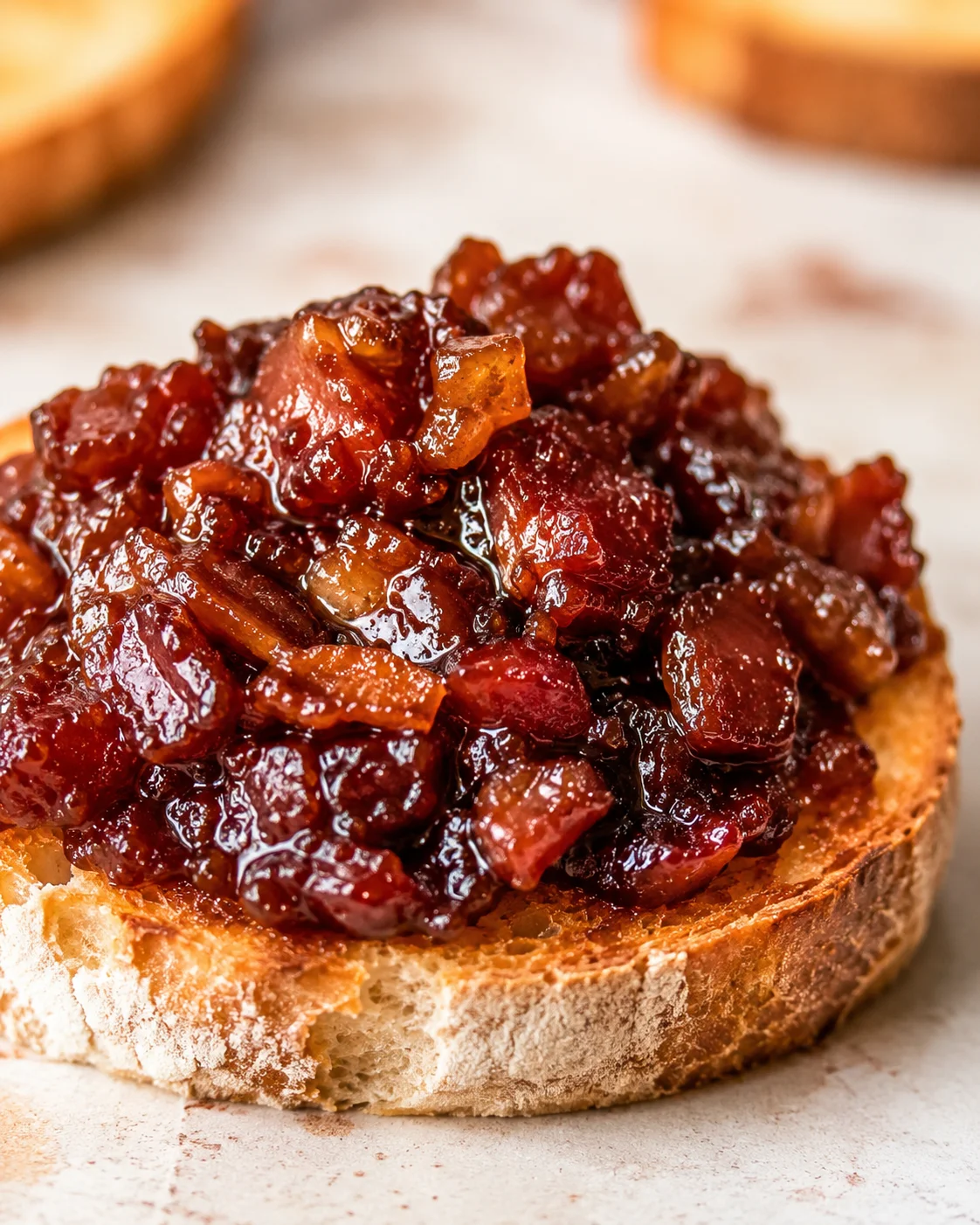 Close-up of savory bourbon bacon onion jam spread on crusty bread.