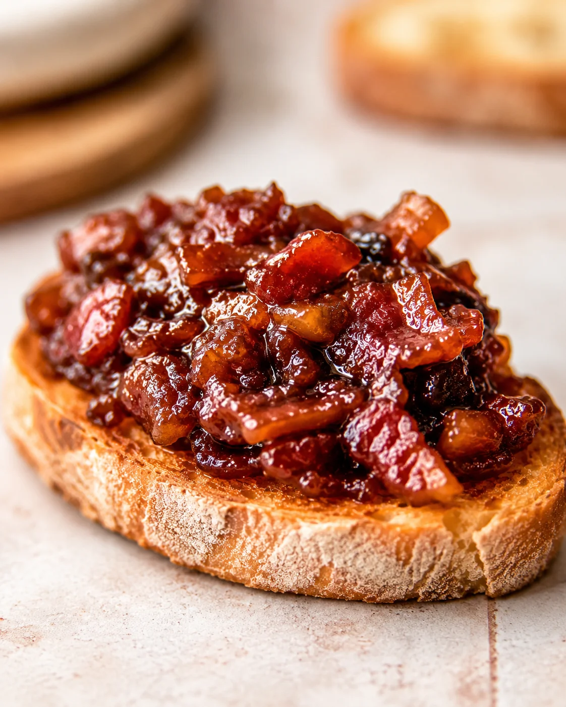 Close-up of toasted bread topped with savory bourbon bacon onion jam.