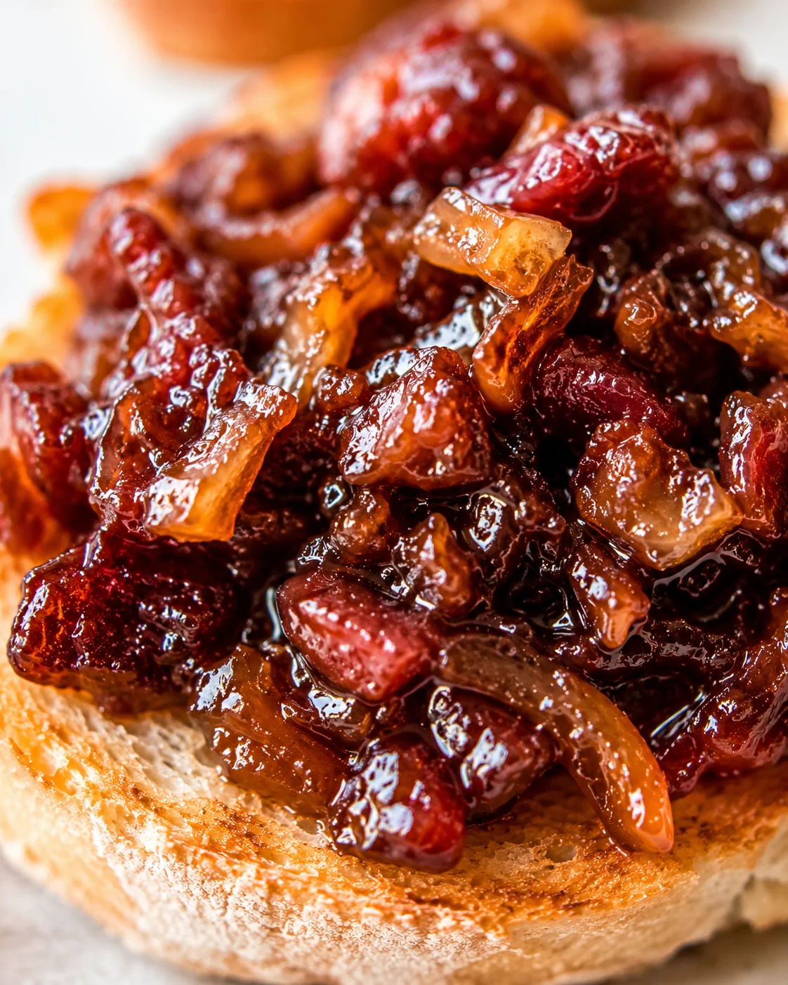 Close-up of savory bourbon bacon onion jam on a toasted bread slice