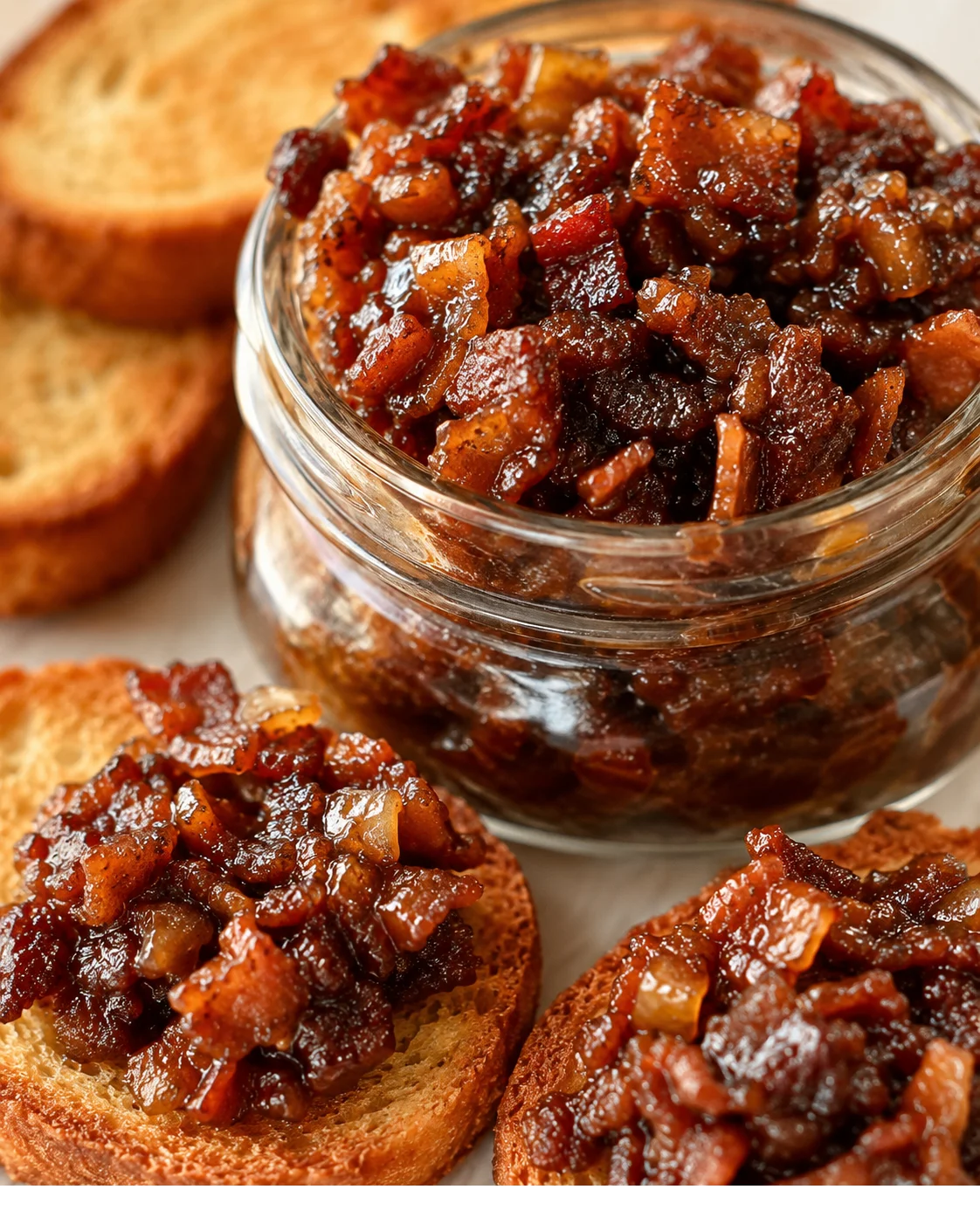 Savory bacon jam served on toasted bread slices for a tasty snack.