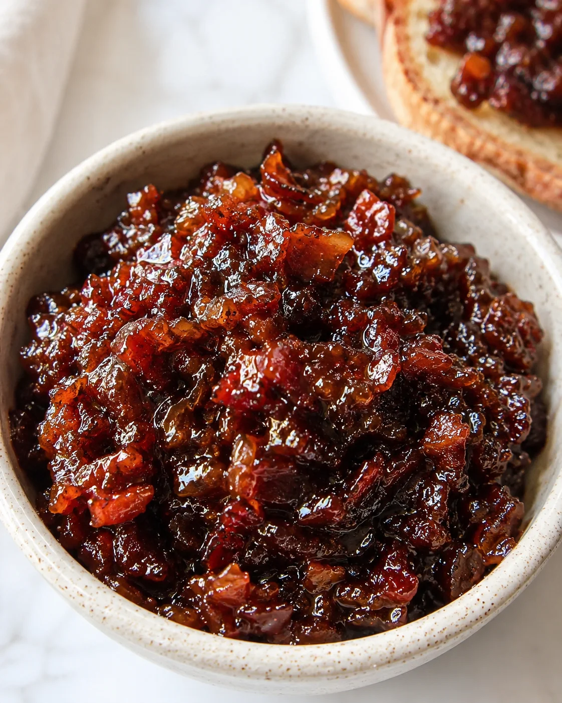 Close-up of rich, glossy bacon jam in a white bowl with bread slices in background