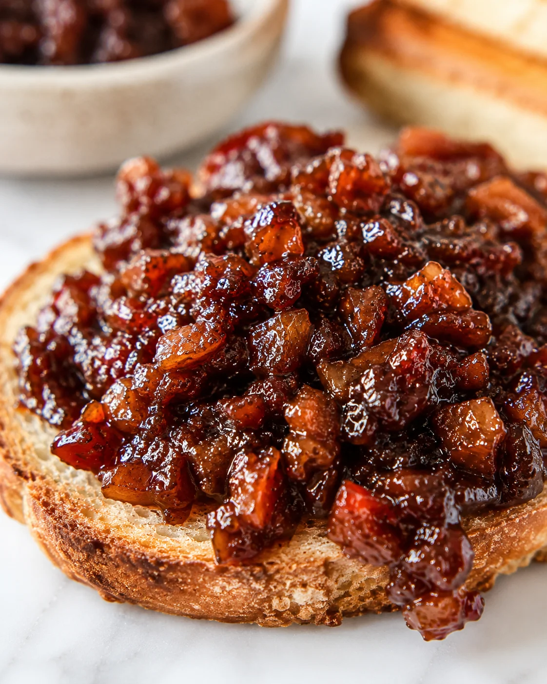 Delicious bacon jam spread on a slice of toasted bread with a glossy finish