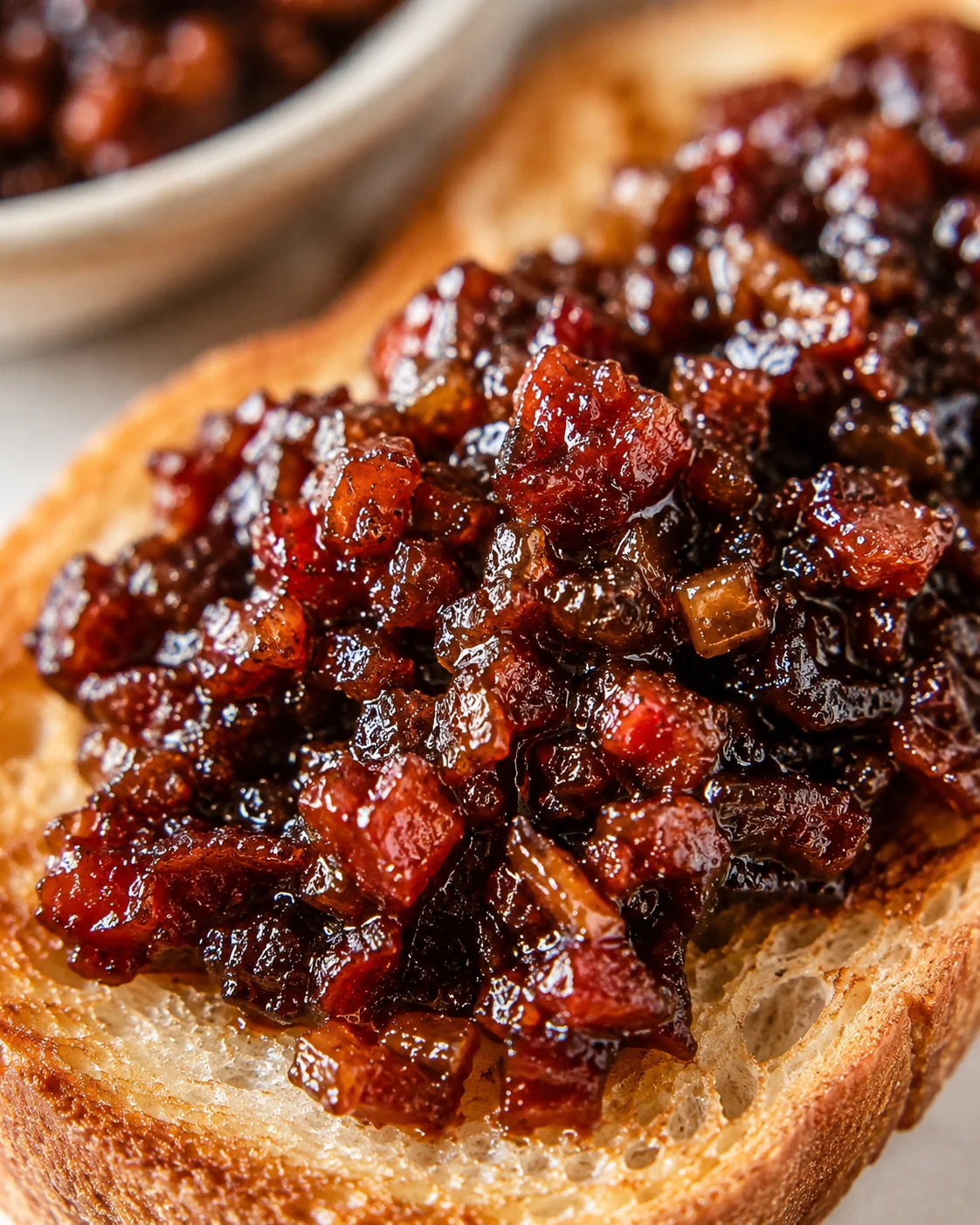 Close-up of bacon jam spread on toasted bread with a blurred background