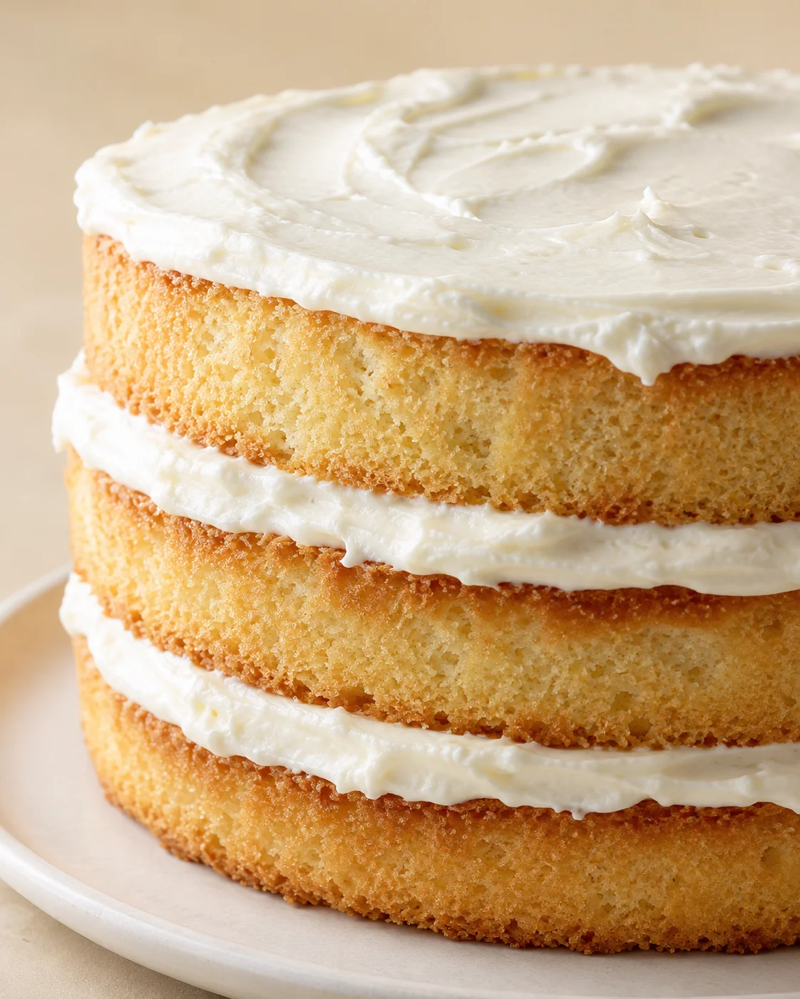 Close-up of a three-layer vanilla buttermilk cake with creamy frosting