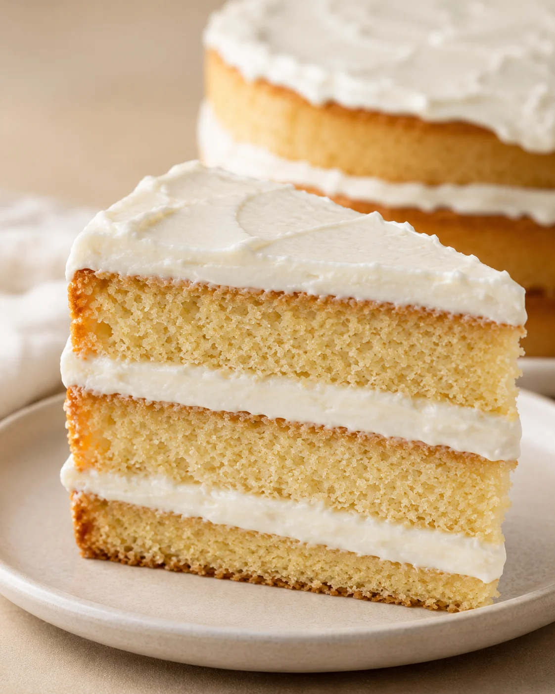 Slice of moist vanilla buttermilk cake with creamy frosting on a plate