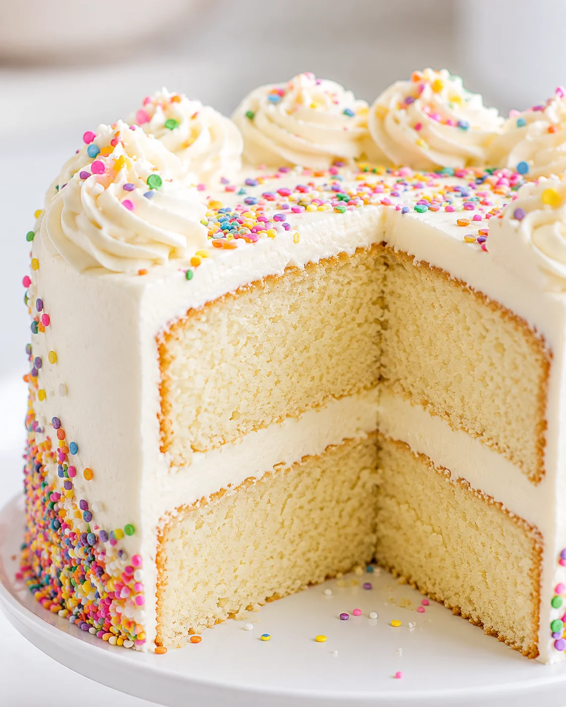 Close-up of a slice of vanilla cake with colorful sprinkles and smooth frosting.