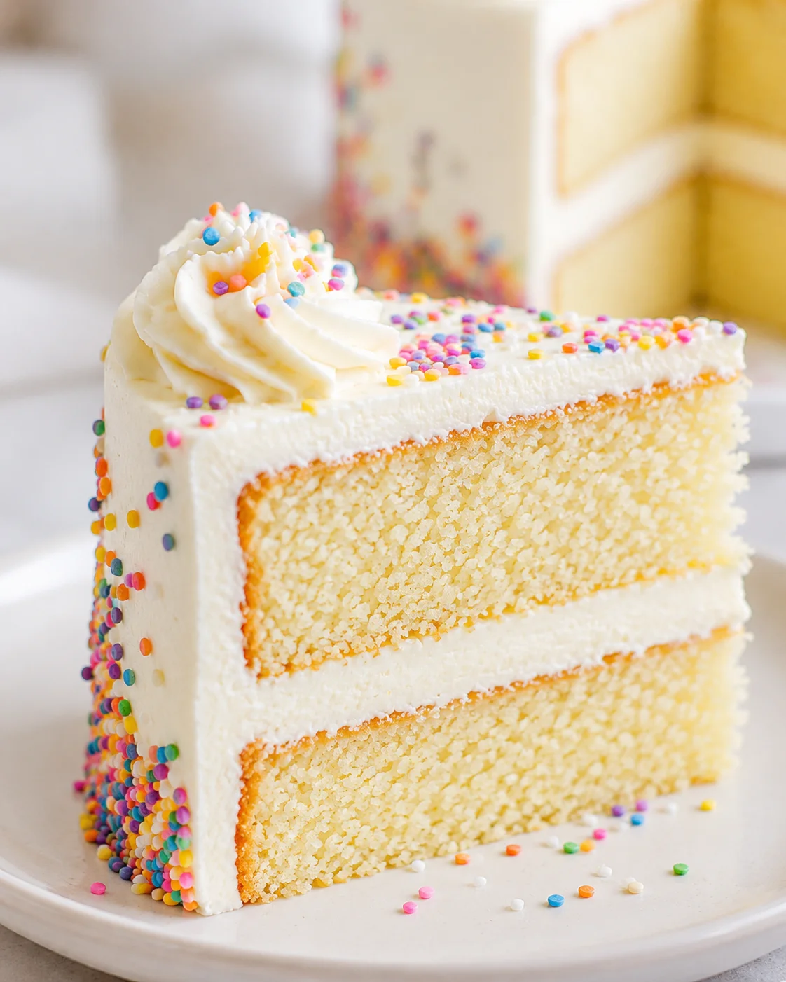 A slice of vanilla cake with colorful sprinkles and creamy frosting on a white plate