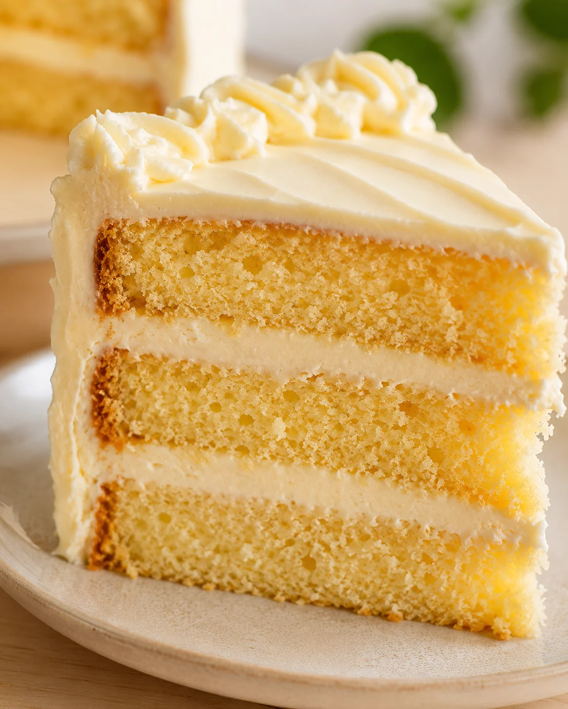 Close-up of a moist, fluffy vanilla layer cake with creamy frosting