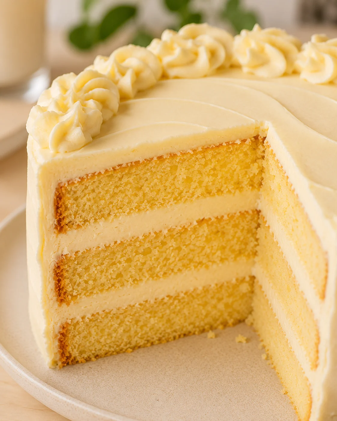 Close-up of a sliced vanilla layer cake with buttercream frosting.