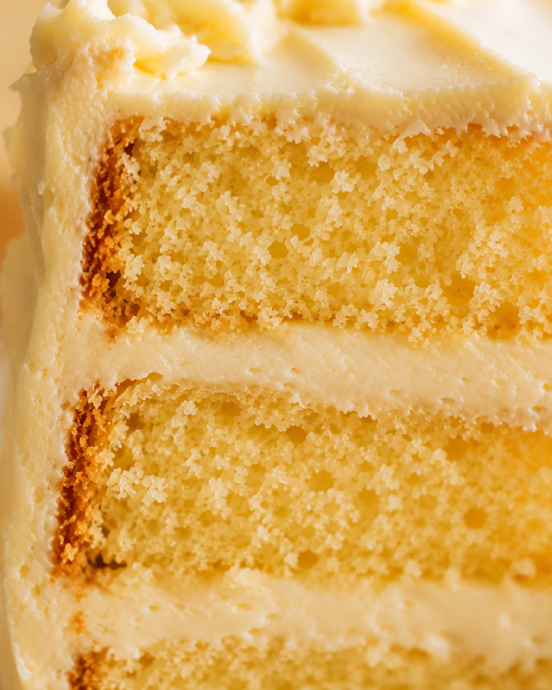 Close-up of a soft, moist vanilla cake with delicate crumb texture