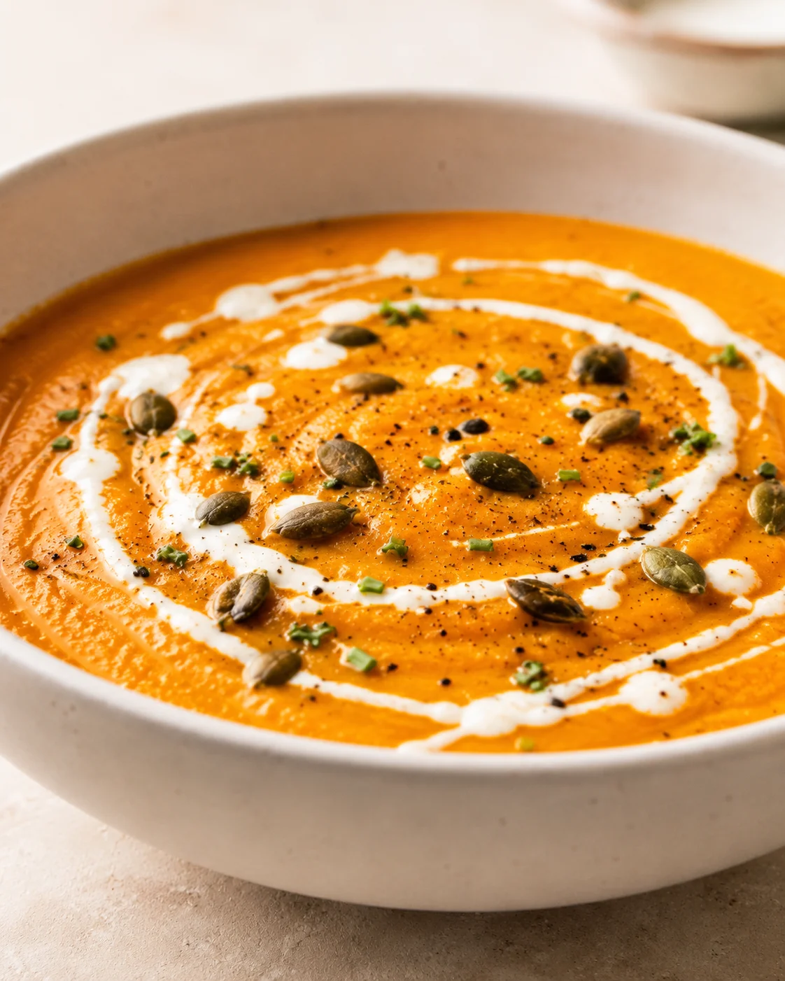 Creamy roasted carrot ginger soup with pumpkin seeds and herbs in a bowl