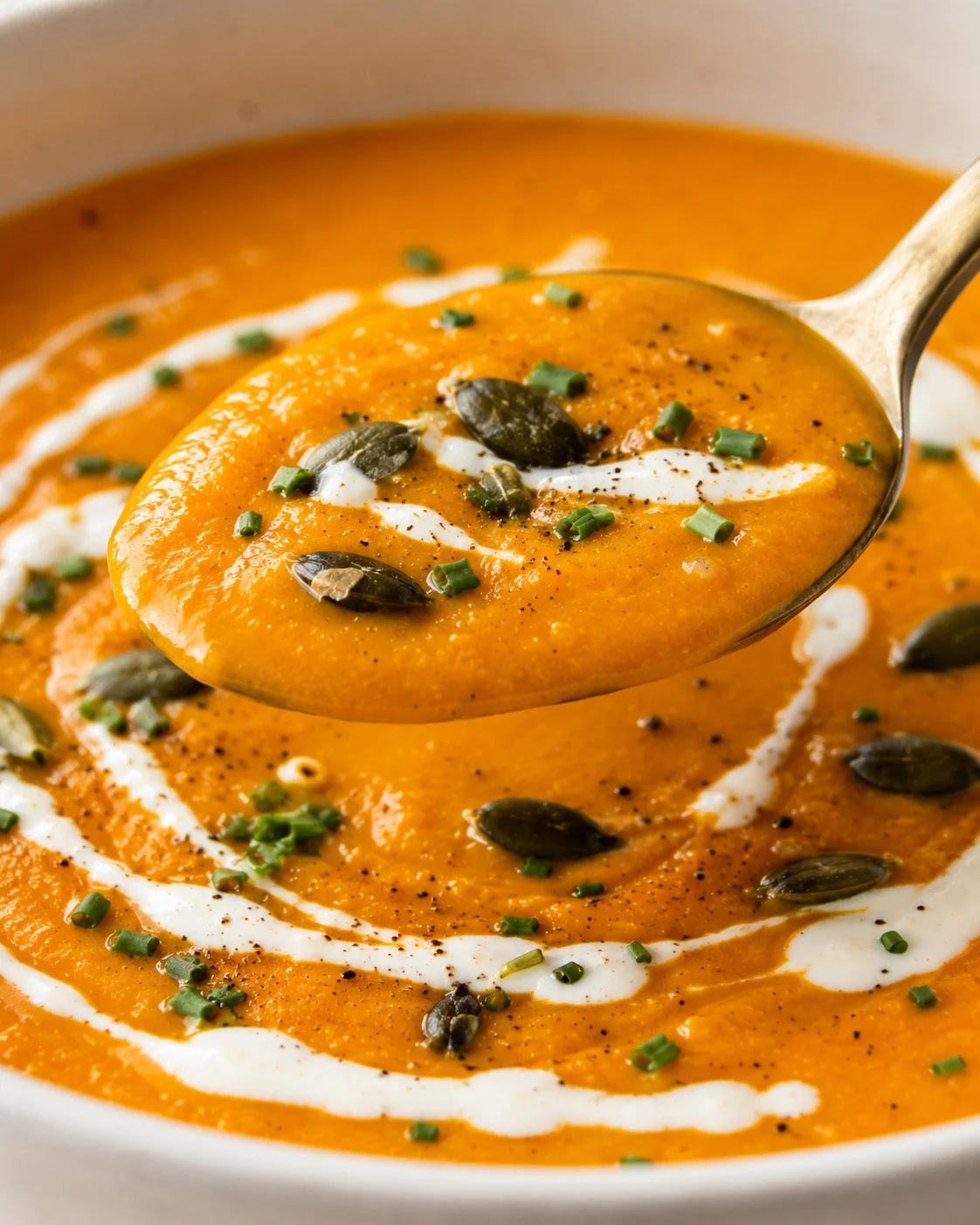 Creamy roasted carrot and ginger soup garnished with herbs and seeds in a white bowl.