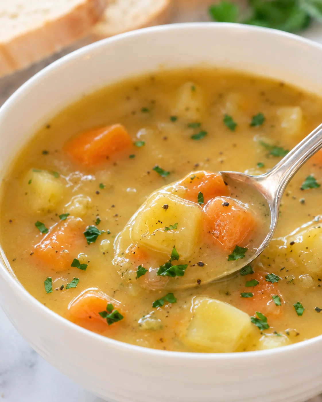 A bowl of warm, creamy carrot potato soup garnished with herbs