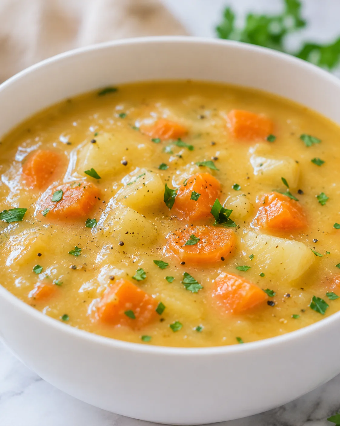 Creamy vegetable soup with carrots, potatoes, and herbs in a white bowl.