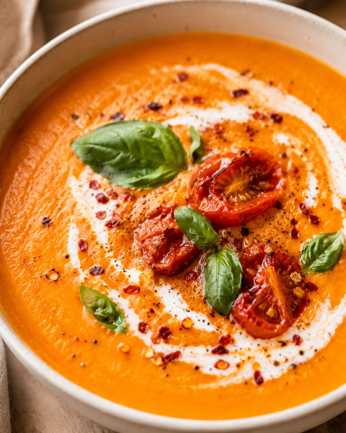 A bowl of vibrant orange roasted tomato carrot soup garnished with basil, tomatoes, and spices.
