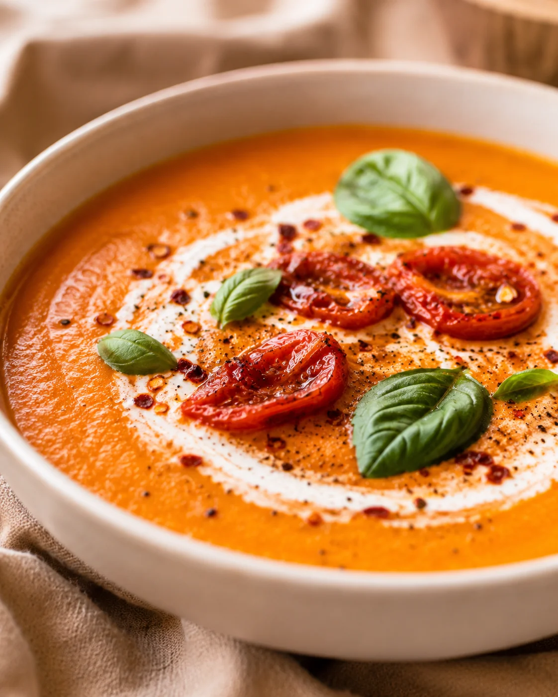 A bowl of vibrant orange roasted tomato and carrot soup topped with basil and tomatoes.