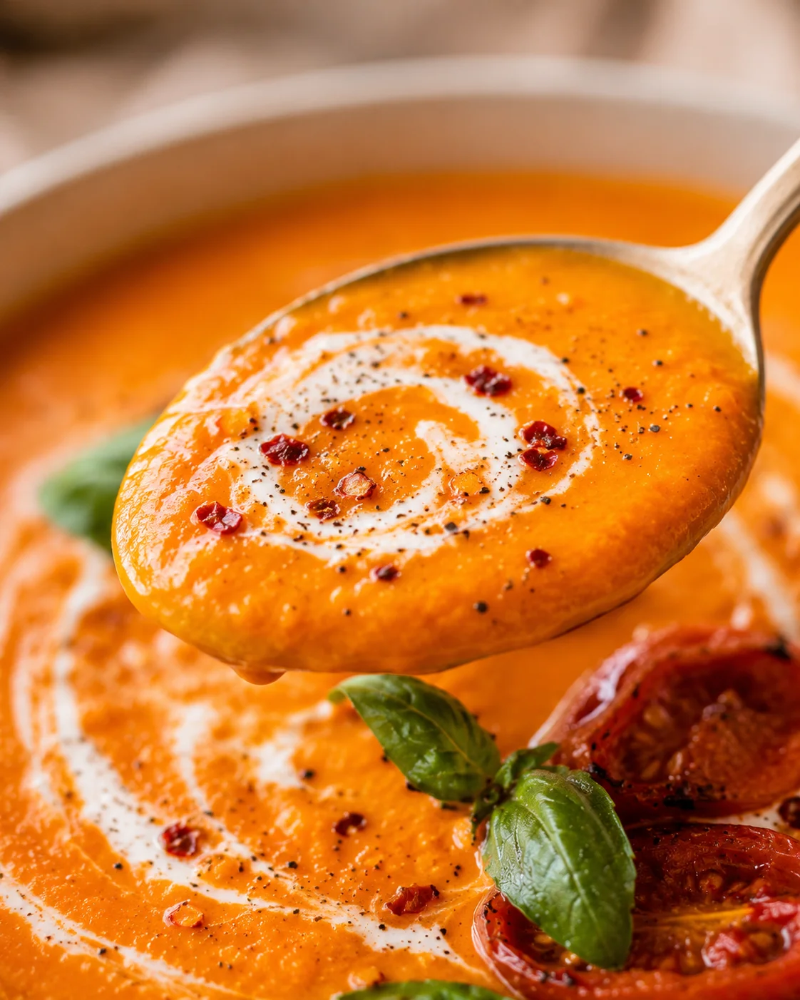 A spoonful of vibrant orange tomato carrot soup with pepper flakes and herbs