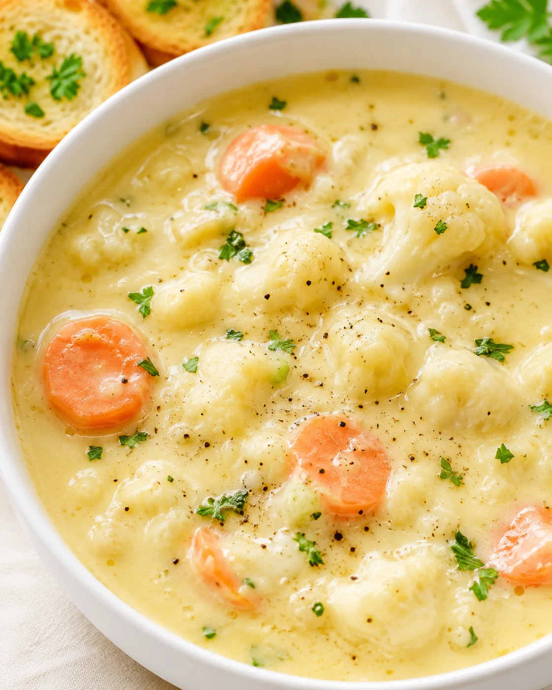 A bowl of creamy cauliflower and carrot soup with herbs and chopped vegetables