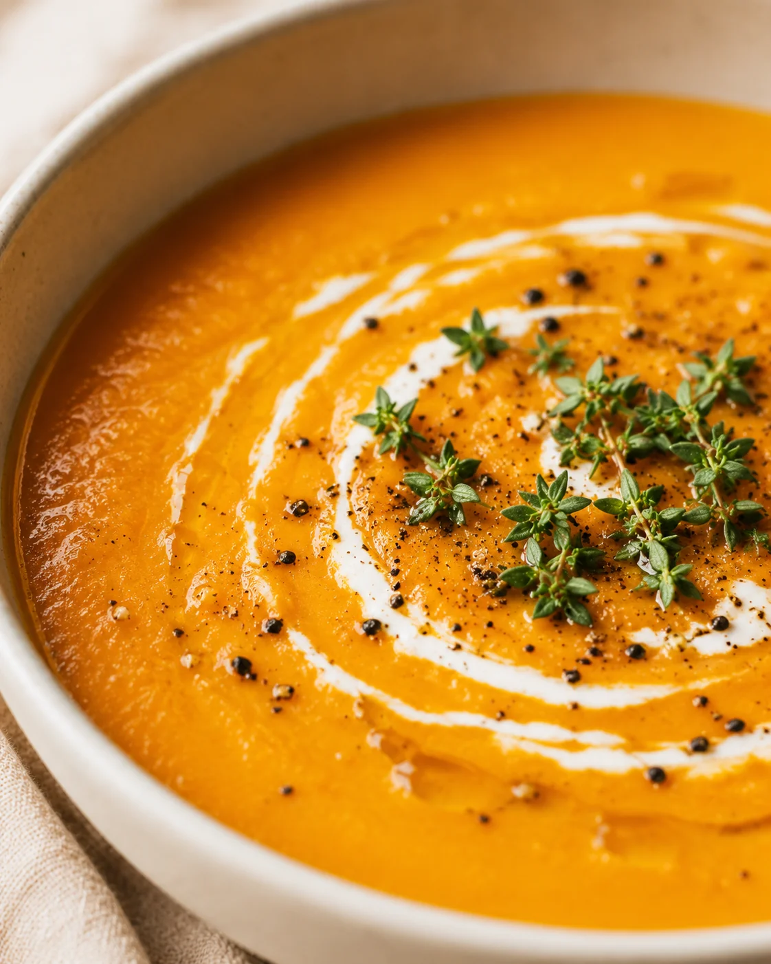 A bowl of cozy, spiced carrot and apple soup garnished with herbs and cream.