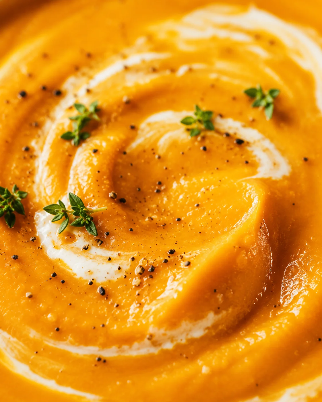 Close-up of creamy spiced carrot and apple soup garnished with herbs and black pepper
