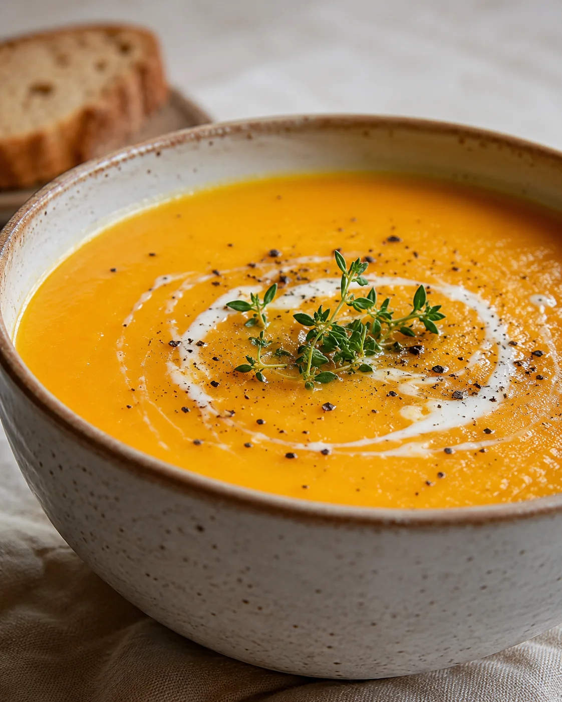 Bowl of bright orange carrot ginger soup with herbs and black pepper