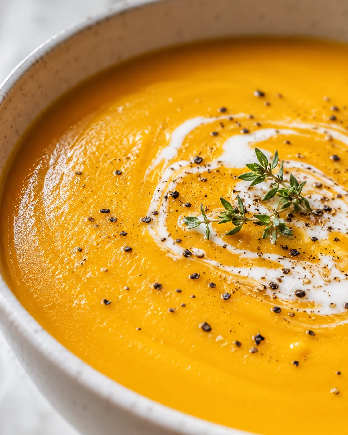 A bowl of vibrant orange carrot ginger soup garnished with herbs and black pepper