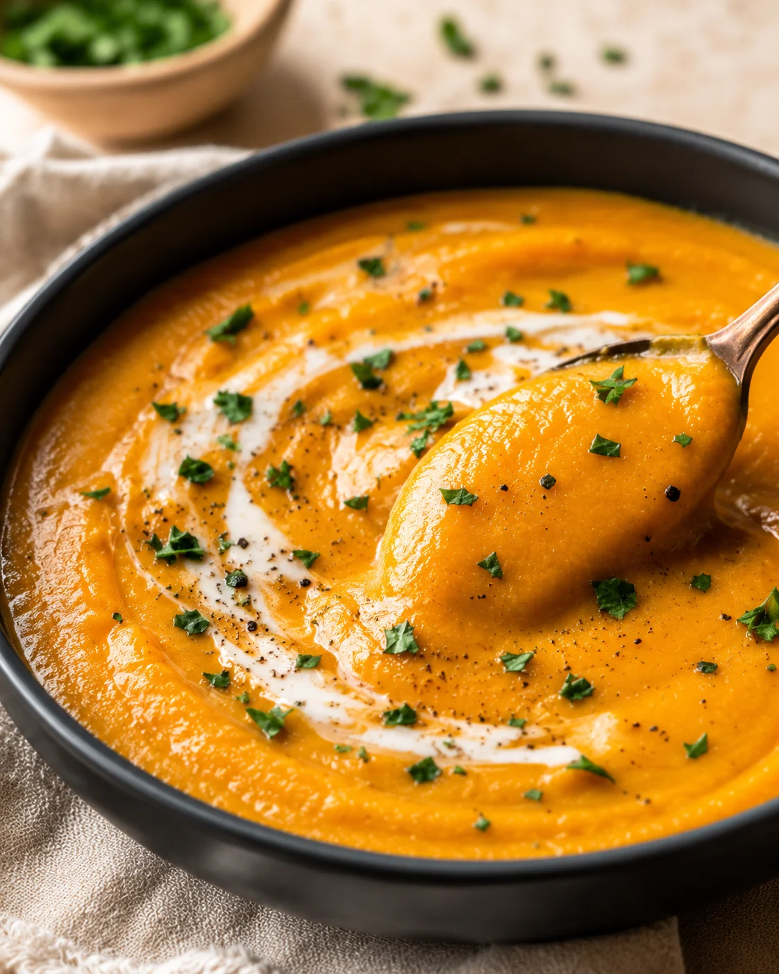 A bowl of creamy, orange sweet potato and carrot soup garnished with herbs and cream.