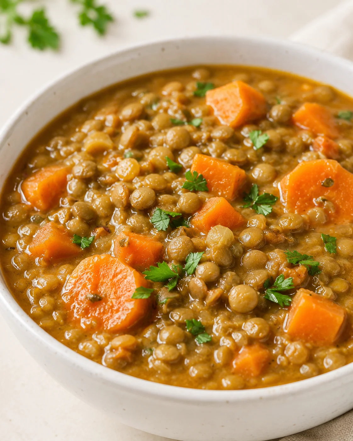 A bowl of flavorful carrot and lentil soup garnished with parsley.