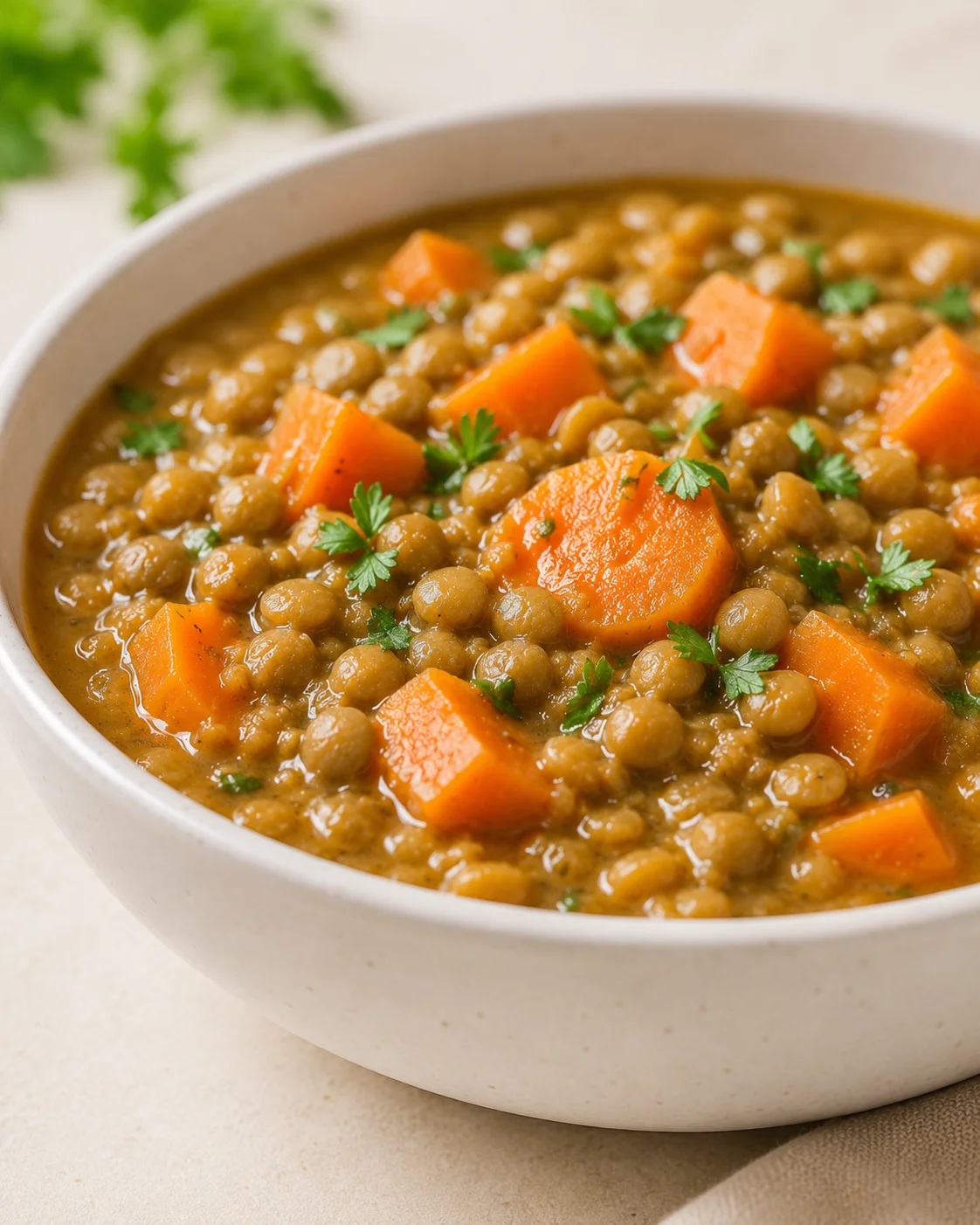 A bowl of hearty carrot and lentil soup garnished with fresh herbs