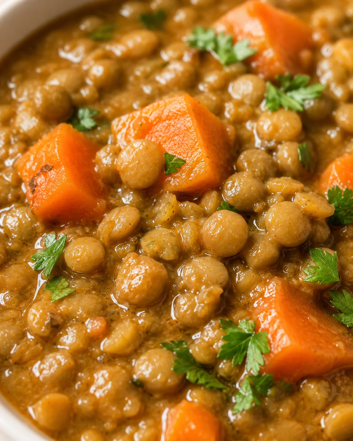 Close-up of a bowl of warm, thick carrot and lentil soup garnished with herbs.