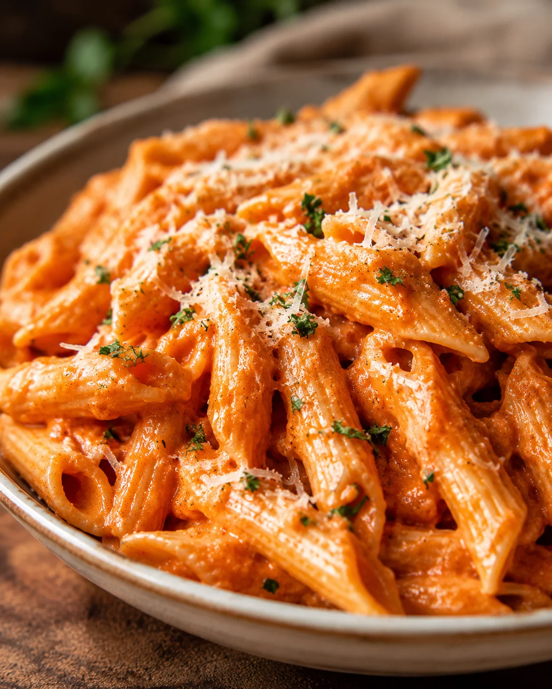 Delicious red sauce pasta with creamy tomato sauce and grated cheese