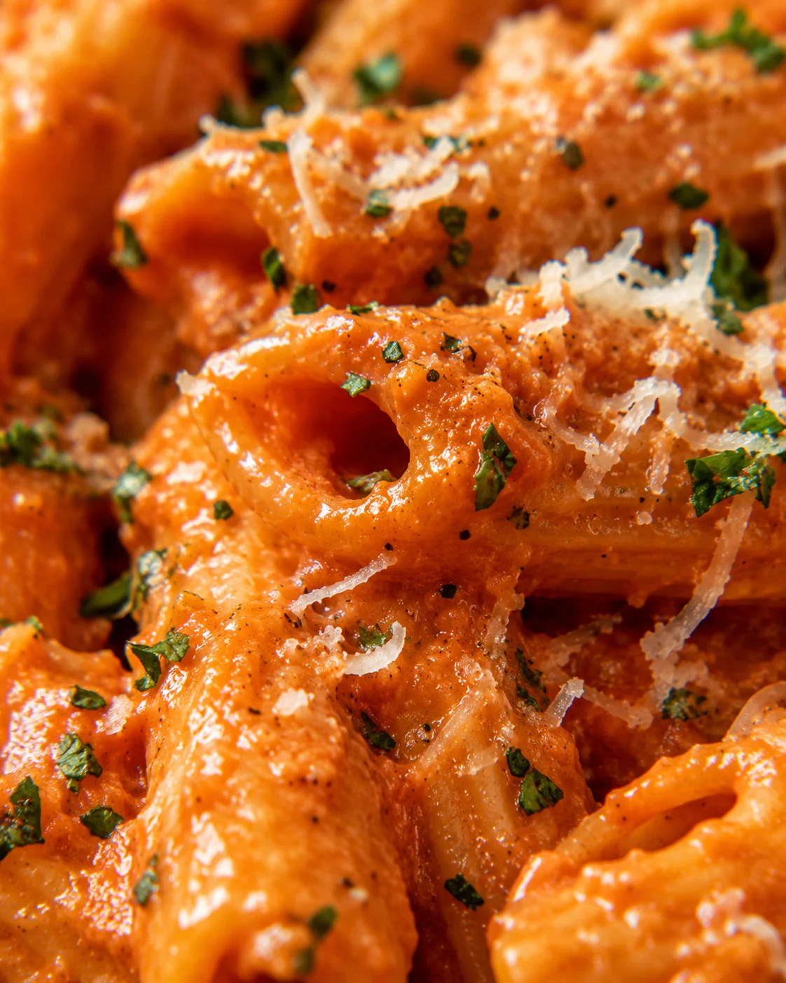 Close-up of creamy, vibrant red sauce on pasta with cheese and herbs