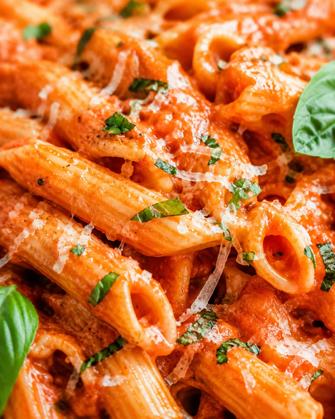 Close-up of delicious penne pasta in rich red tomato sauce topped with cheese and herbs