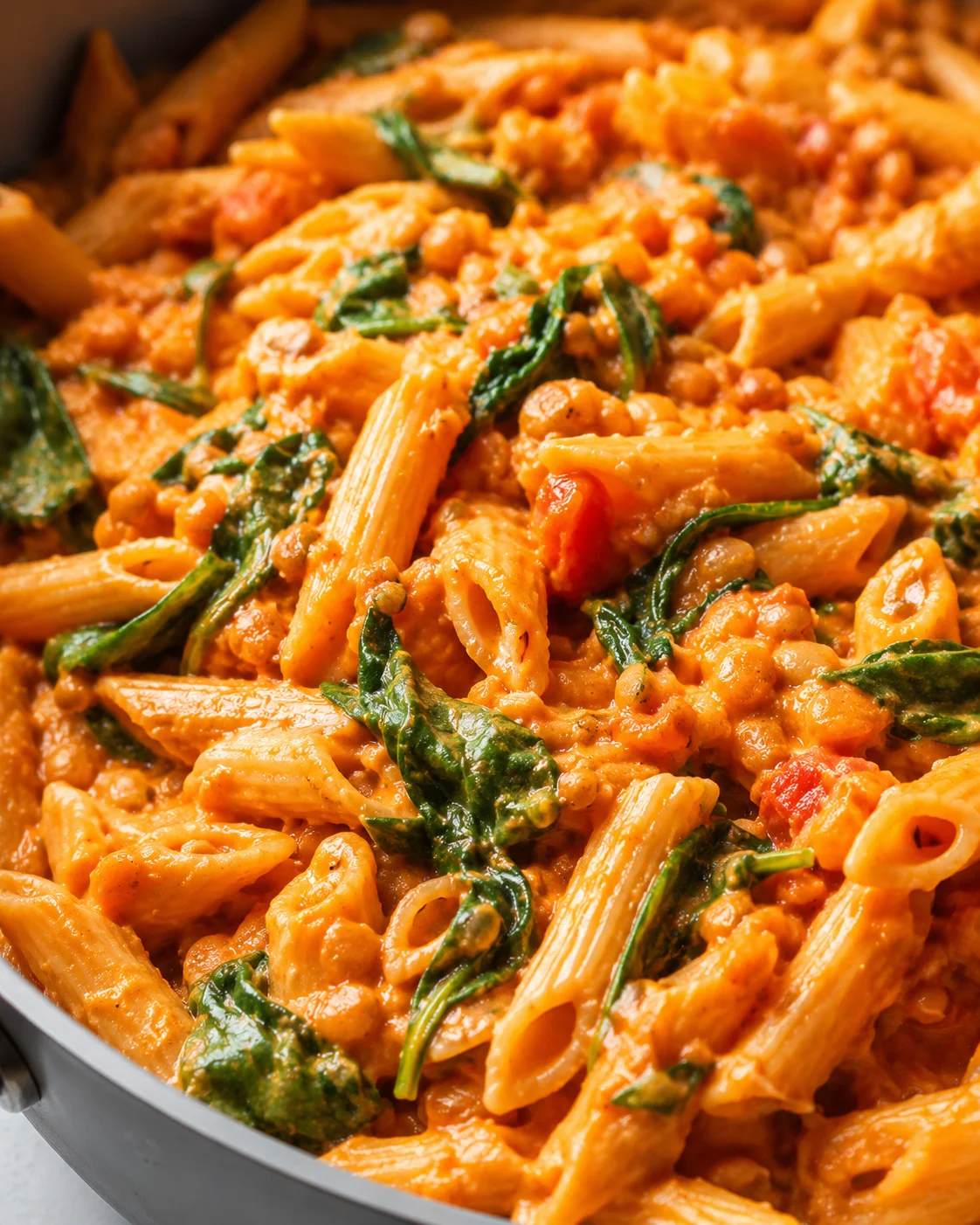 Close-up of creamy pasta dish with lentils and spinach in a skillet