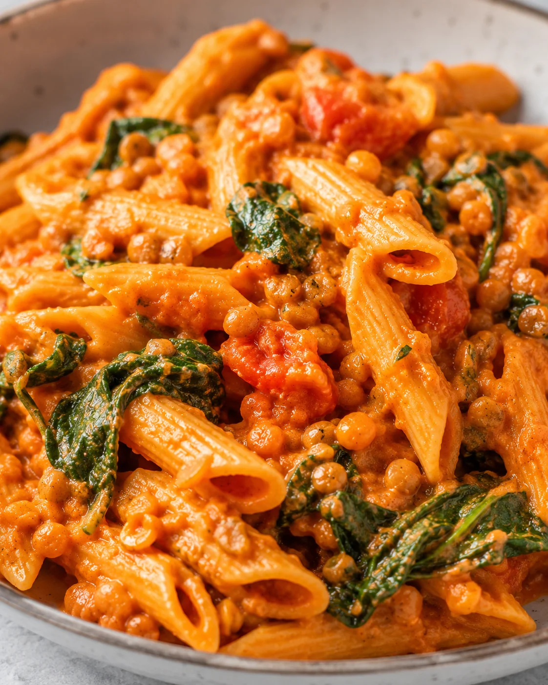 Close-up of a bowl of creamy red lentil pasta with spinach and tomato pieces
