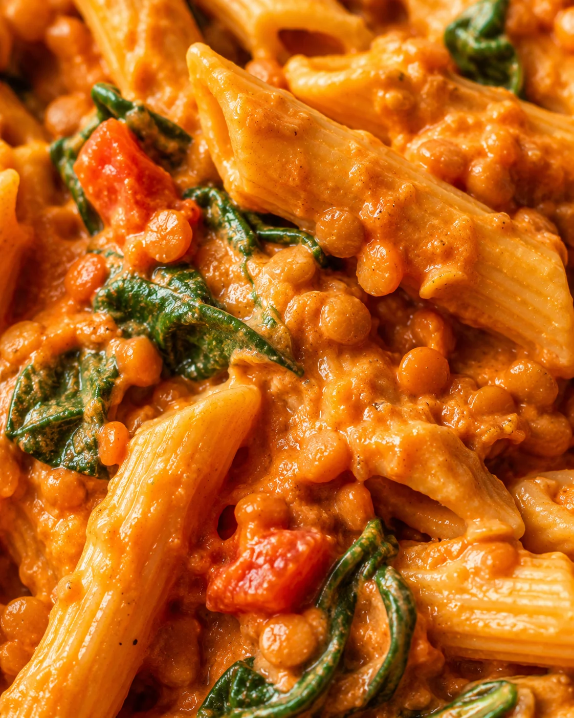 Close-up of creamy red lentil pasta sauce with spinach and tomatoes