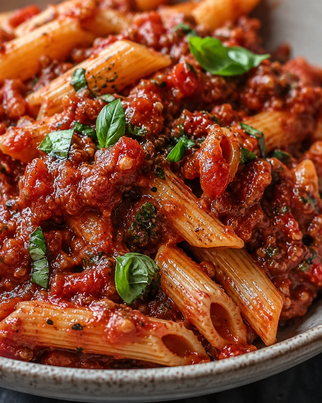 Close-up of pasta with rich red wine sauce and fresh basil leaves