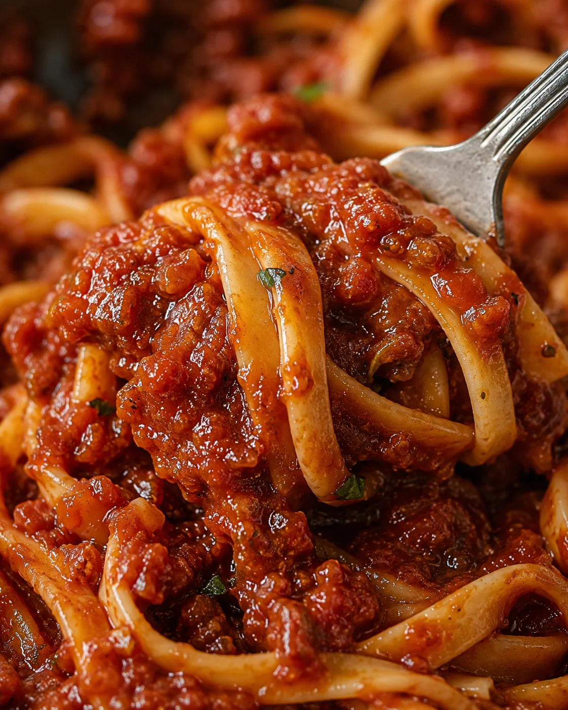 Close-up of a fork lifting pasta coated in rich red wine sauce.