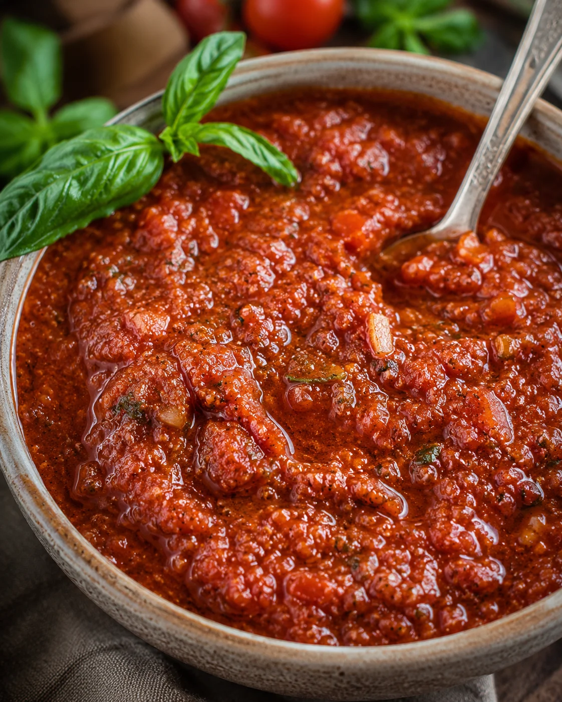Rich red wine pasta sauce simmering with herbs and tomatoes in a rustic bowl