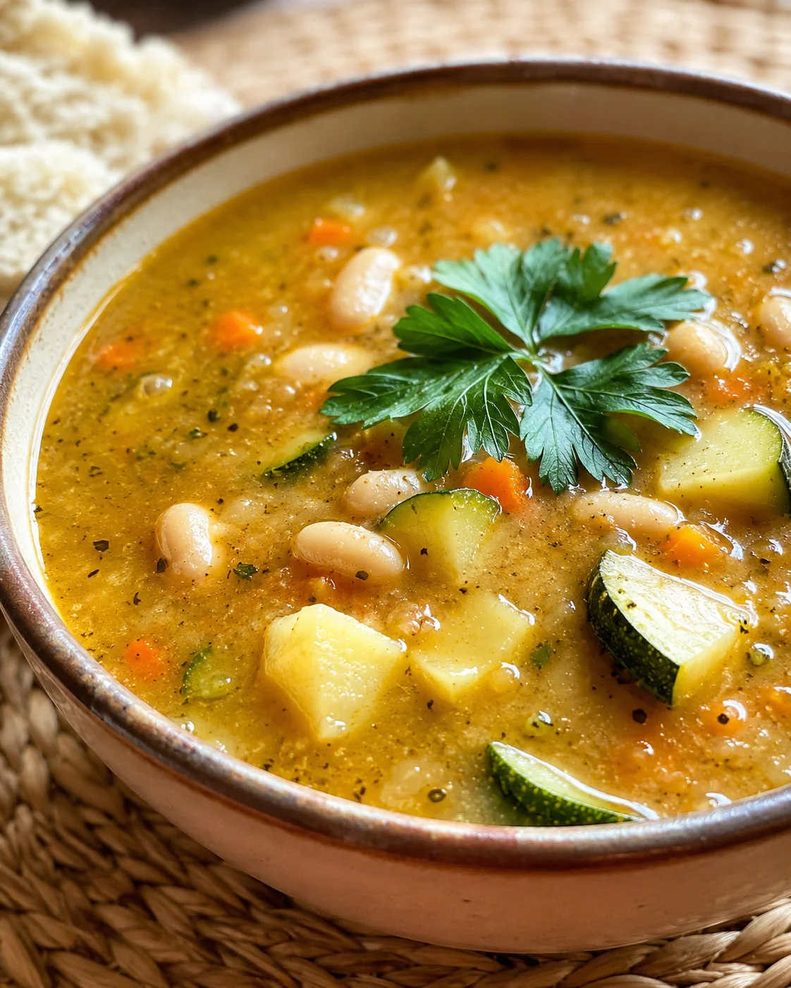 Creamy zucchini and potato soup garnished with fresh parsley, served in a bowl.