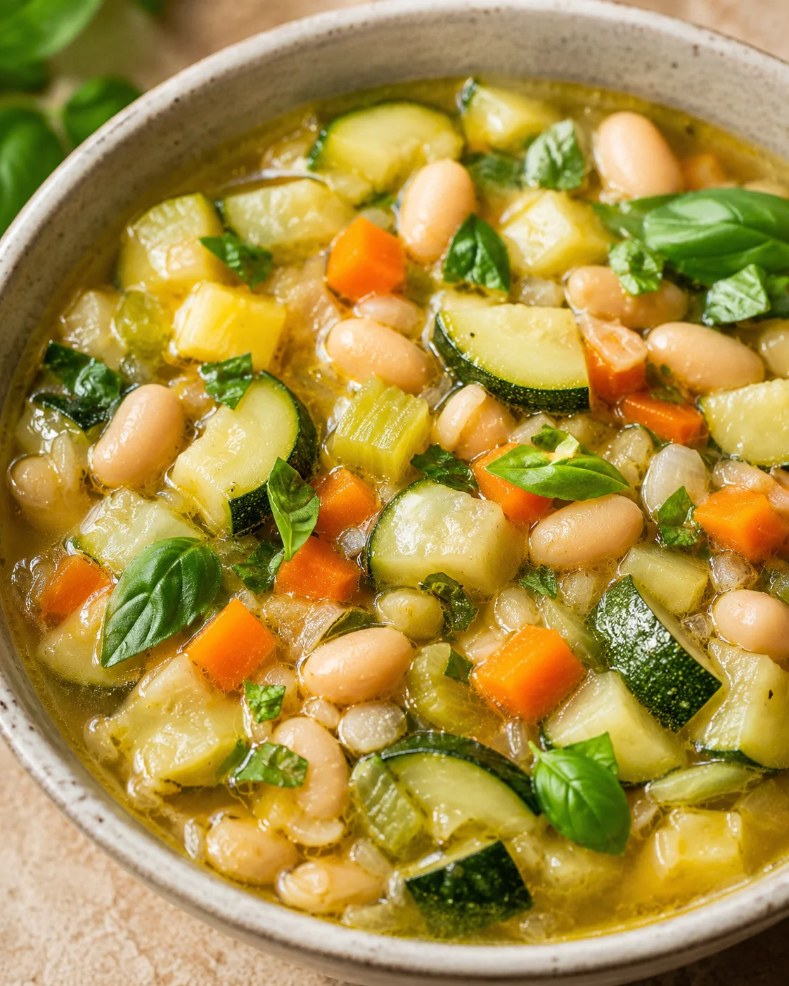 Close-up of hearty zucchini and white bean soup with fresh basil