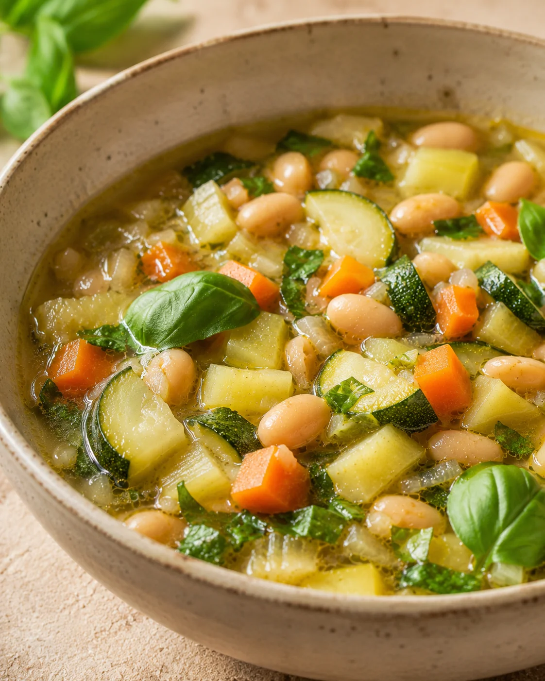 A bowl of hearty zucchini and white bean soup with fresh basil and vegetables