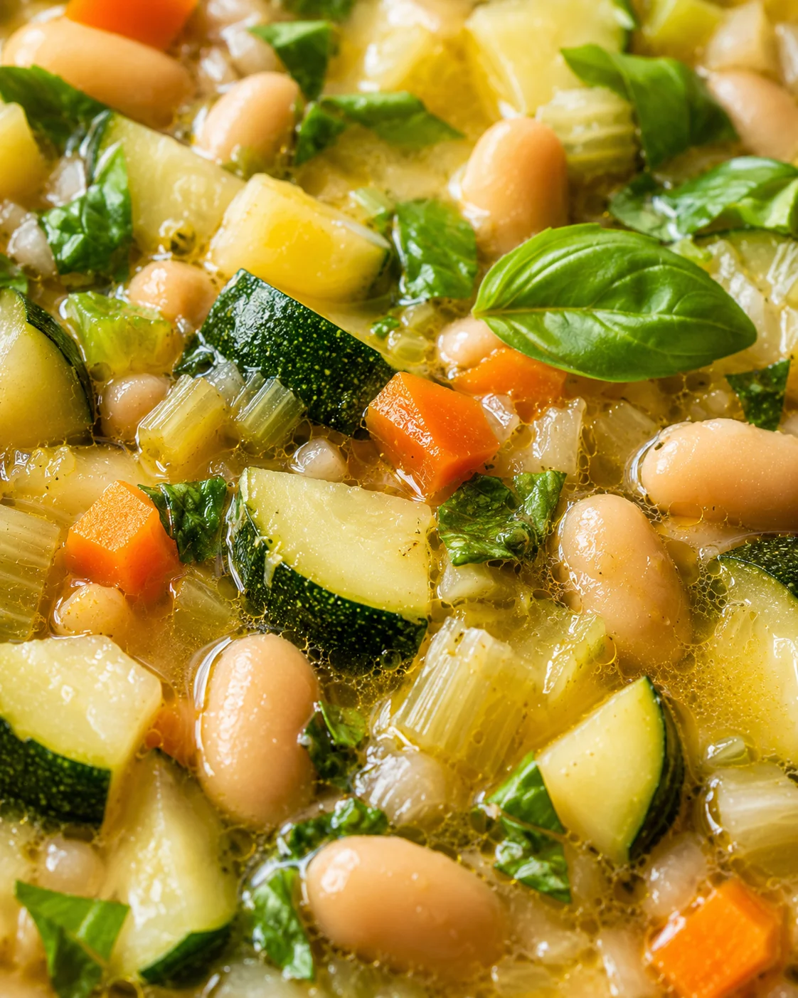 Close-up of hearty zucchini and white bean soup with fresh basil leaves