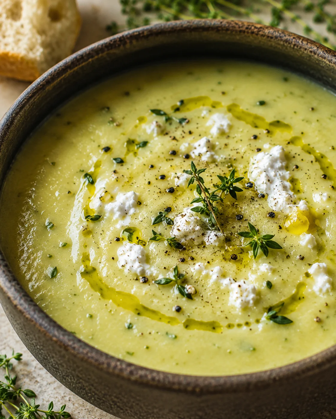 Close-up of a bowl of creamy roasted zucchini soup topped with feta and herbs