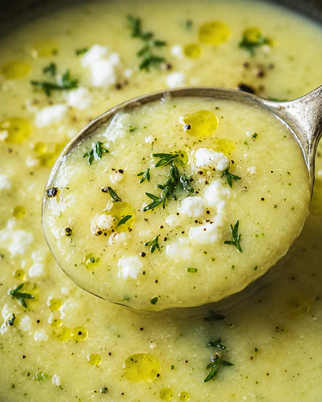 A spoonful of creamy roasted zucchini soup topped with feta and herbs.