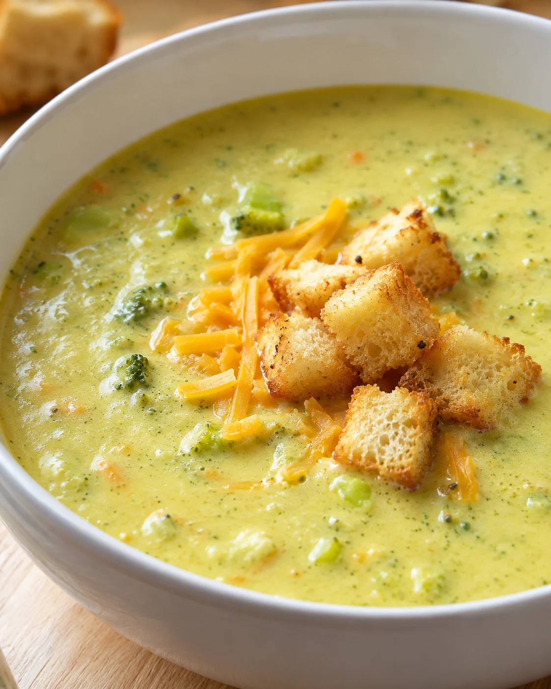 Creamy broccoli and zucchini soup topped with cheese and croutons in a bowl