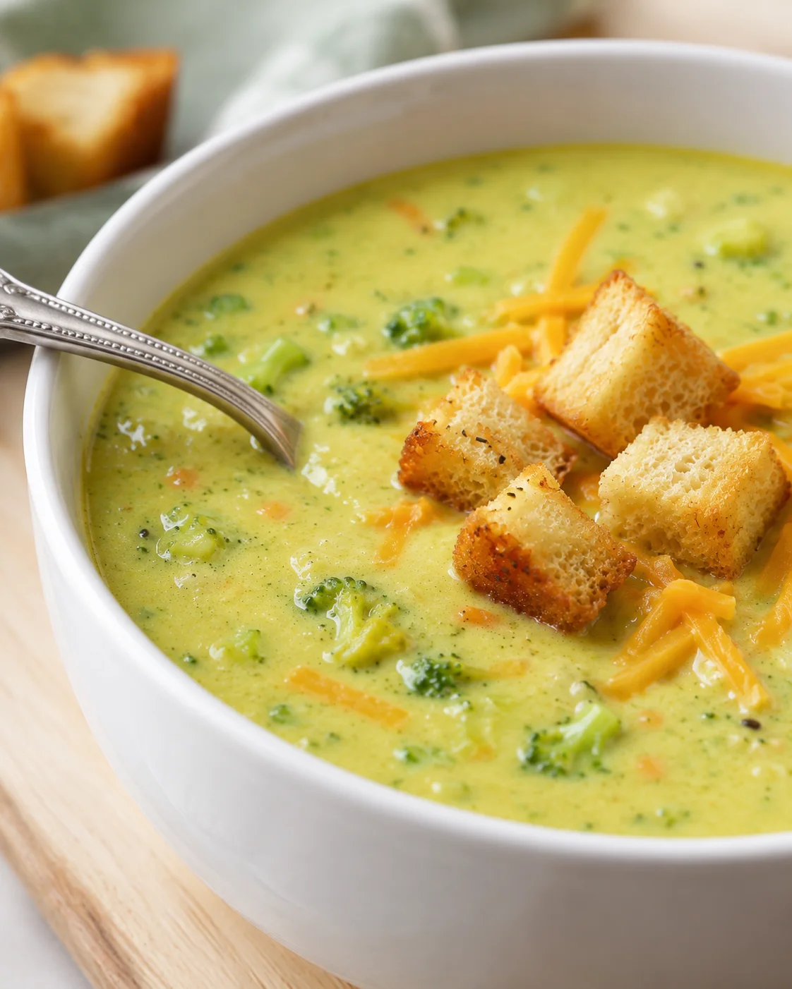 Creamy broccoli cheddar zucchini soup served with toasted croutons in a white bowl