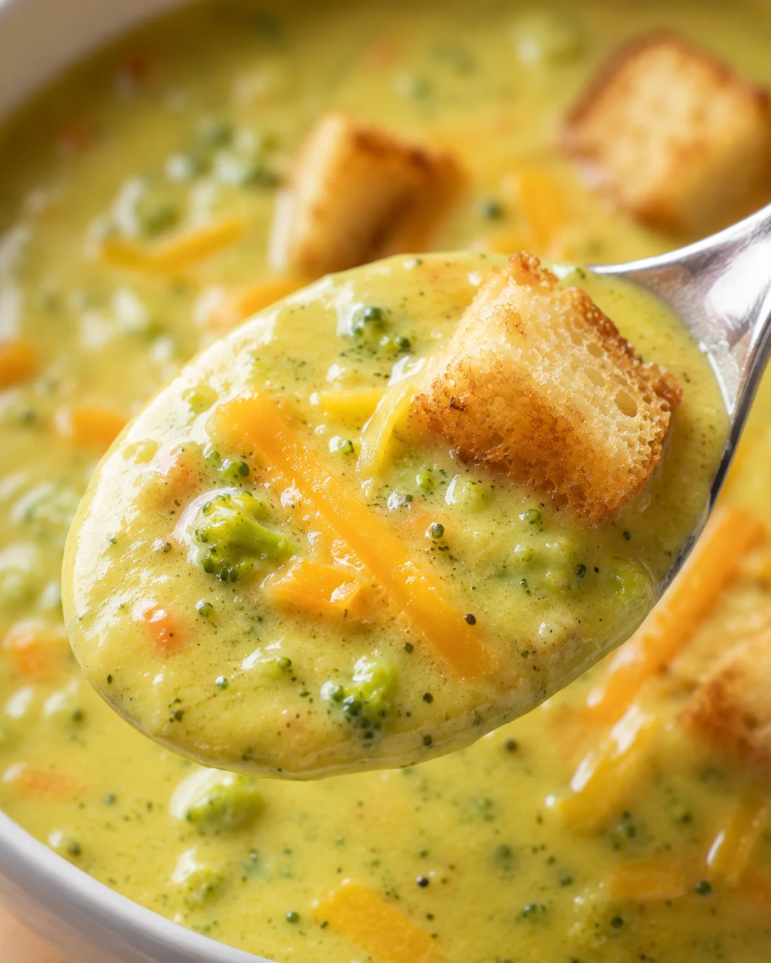 Creamy broccoli cheddar zucchini soup with cheese and vegetables in a bowl